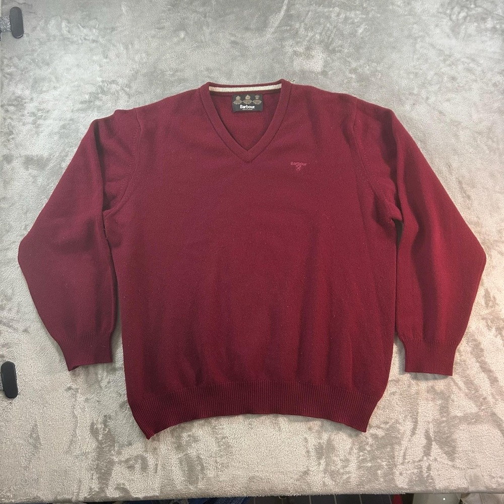 Barbour Sweater Mens XL Red Wool V Neck Knit Pullover Crest Logo Scotland UK